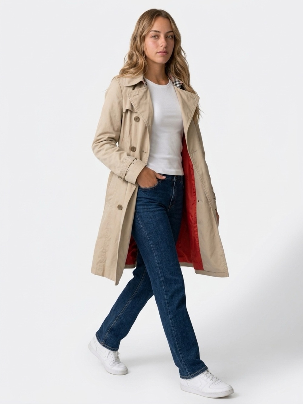 Lands' End Beige Trench Coat with Red Lining